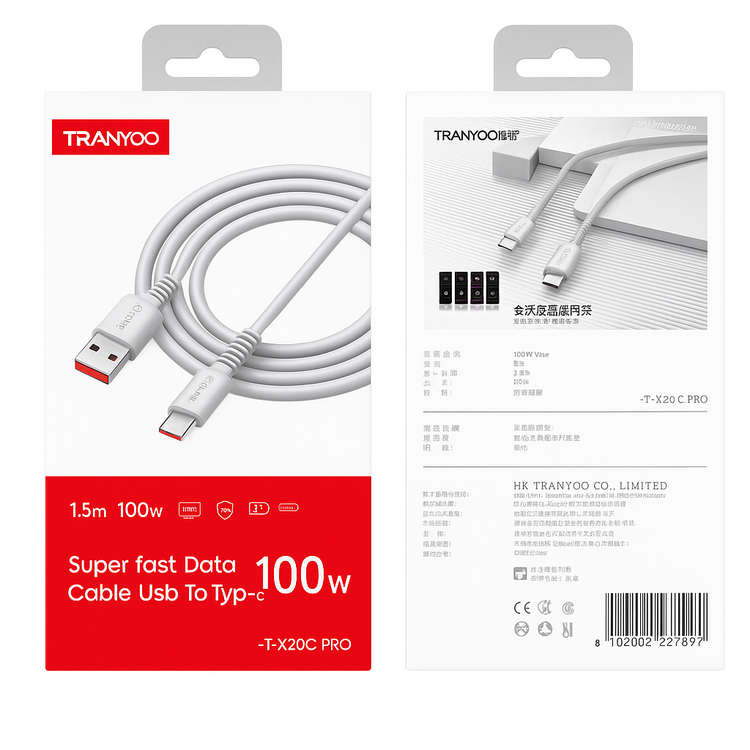 کابل USB TO TYPE-C TRANYOO مدل T-X20C PRO