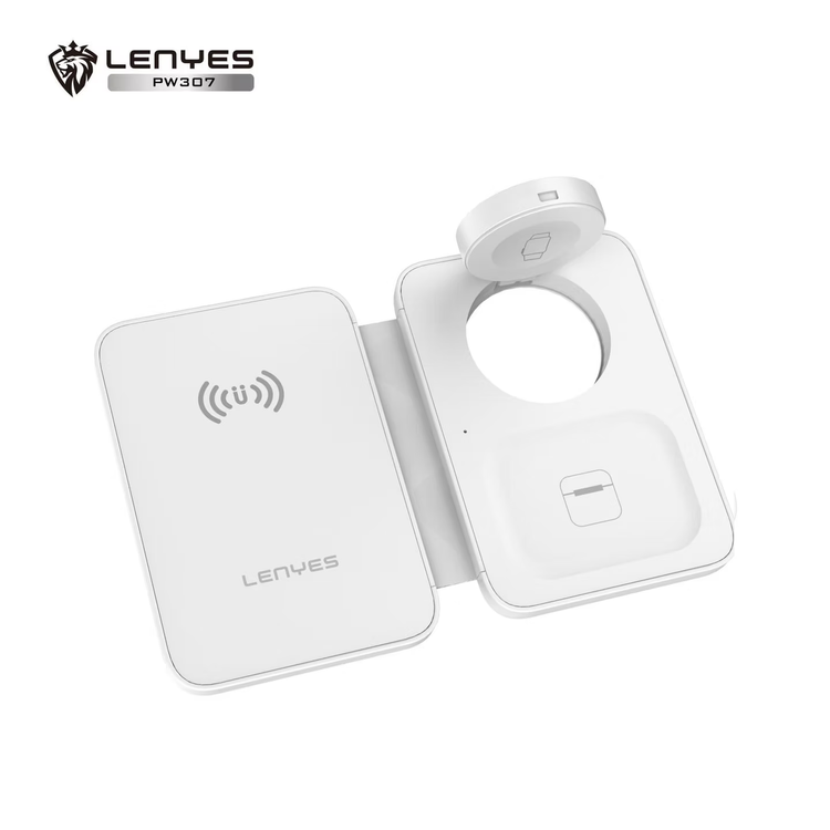 استند شارژر بیسیم سهکاره LENYES مدل PW307 مناسب موبایل، ایرپاد و ساعت هوشمند